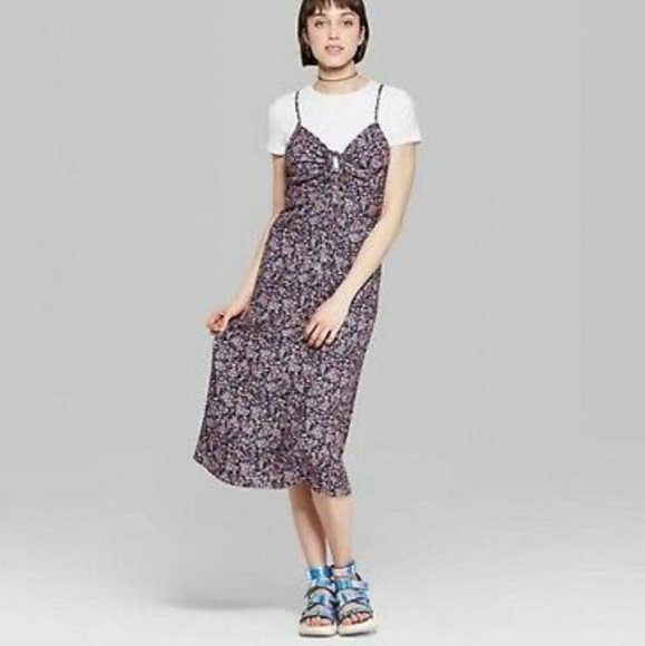 NEW! V NECK SLEEVELESS FLORAL PRINT MIDI SLIP DRESS MAXI SIZE XS - Picture 1 of 4
